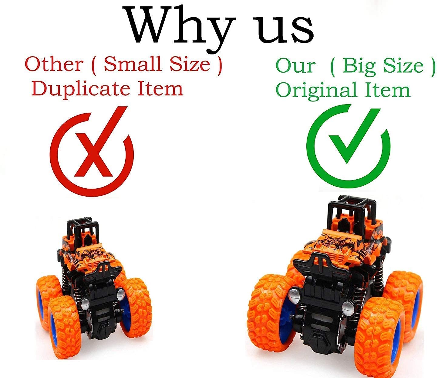 Sanghariyat® Big Size Monster Truck Friction Powered Cars Toys, 360 Degree Stunt 4wd Cars Push go Truck for Toddlers Kids Gift (Pack of 2 Car) (assorted)